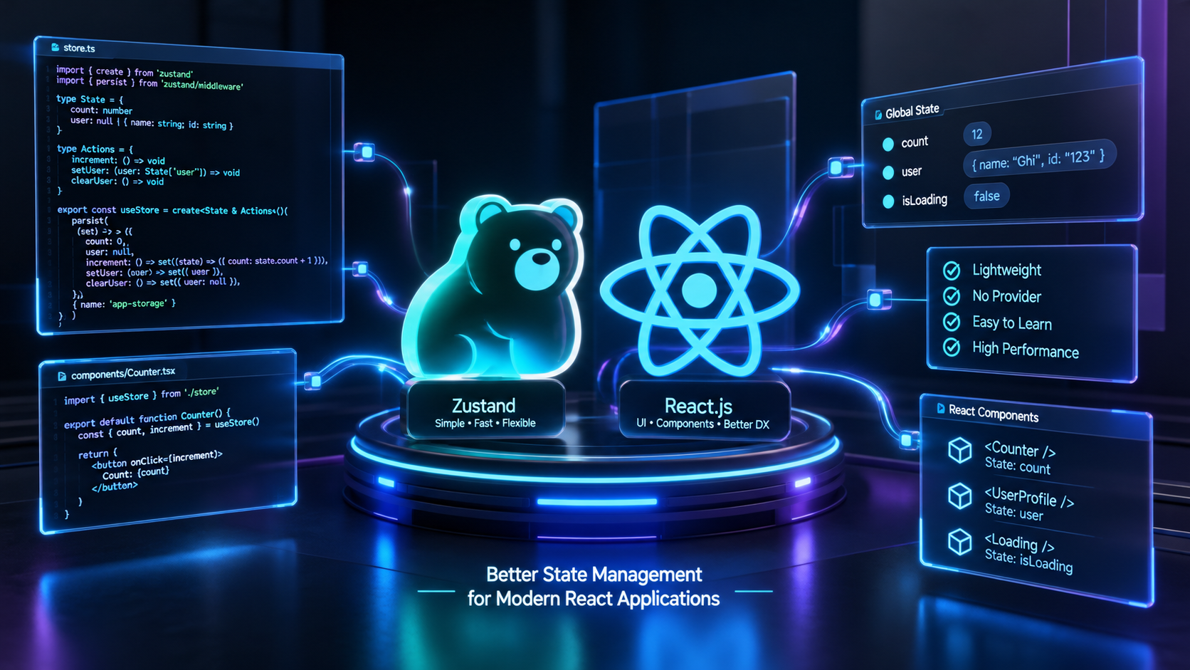 Featured image: Ilustrasi penggunaan Zustand di React.js sebagai alternatif Redux Toolkit.
