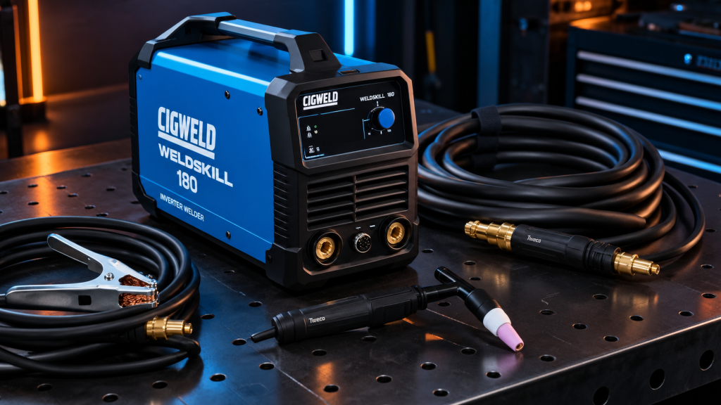 Featured image: Mesin las Cigweld Weldskill 180 inverter dan konektor Tweco di meja kerja industrial.