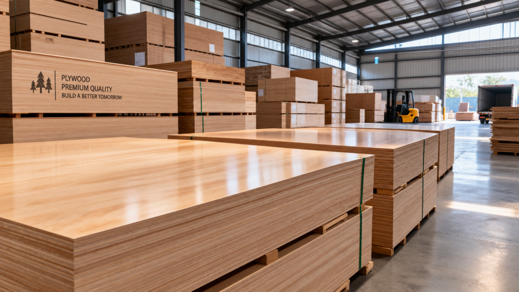 Featured image: Tumpukan lembaran plywood berkualitas tinggi di gudang distribusi kayu.