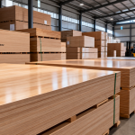 Featured image: Tumpukan lembaran plywood berkualitas tinggi di gudang distribusi kayu.