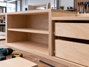 Gambar tambahan: Pembuatan kabinet furnitur menggunakan material plywood berkualitas.